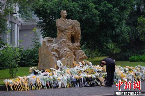 何蓬磊 摄西南大学学生在袁隆平雕像前默哀.