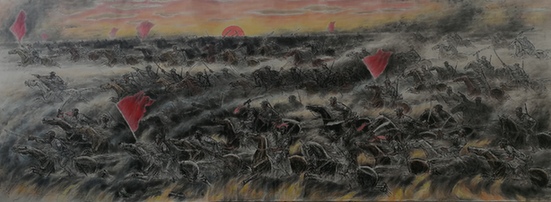 著名画家张青葆创作的以八路军骑兵为背景的巨幅中国画《烽火岁月》