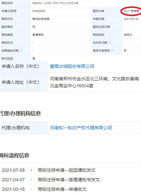 蜜雪冰城申请歌词商标被驳回 此前有两次被驳回记录