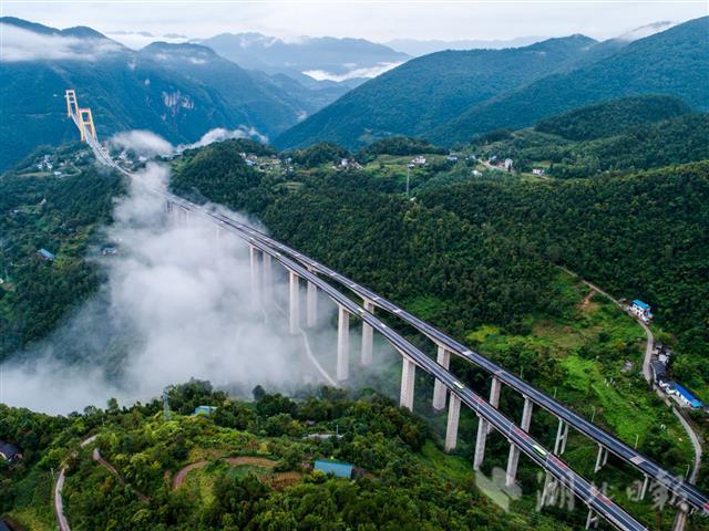 湖北恩施:巴東四渡河特大橋云遮霧罩宛若仙境(圖1)