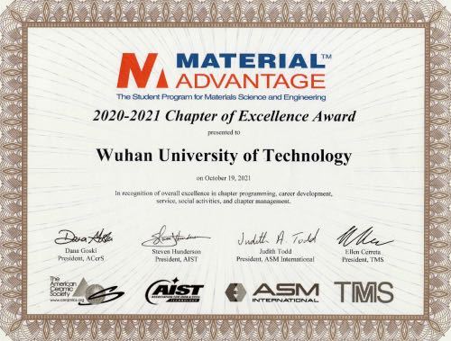 武汉理工大学材料科学与工程国际化示范学院学生团队获奖证书.
