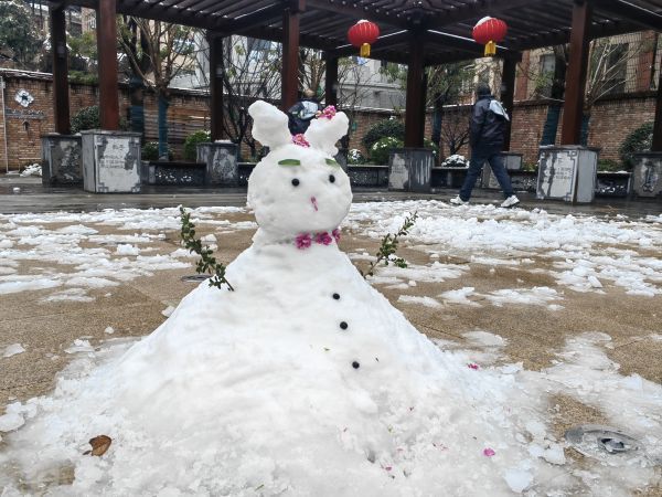 不少游客被吸引前来与之合影,"好漂亮的小兔子,把雪堆成这样的人一定