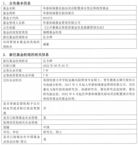 华泰柏瑞量化驱动混合增聘基金经理孔令烨