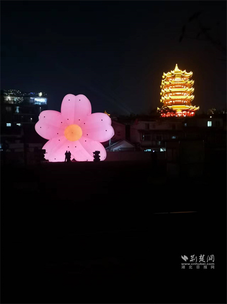 迷人夜色中，黄鹤小游园里的粉色樱花气球与远处的黄鹤楼交相辉映。.jpg