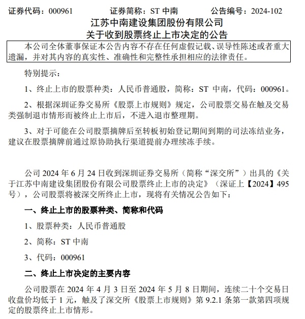 中南建设将被终止上市董事长为前南通首富