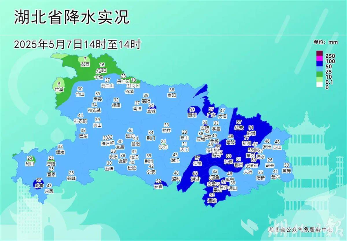 湖北经历了大雨，在许多地方都发生了强烈的天