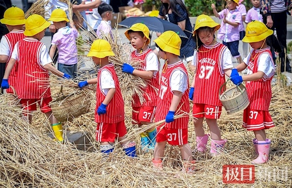 可爱的婴儿在城市里抚摸小麦耳朵