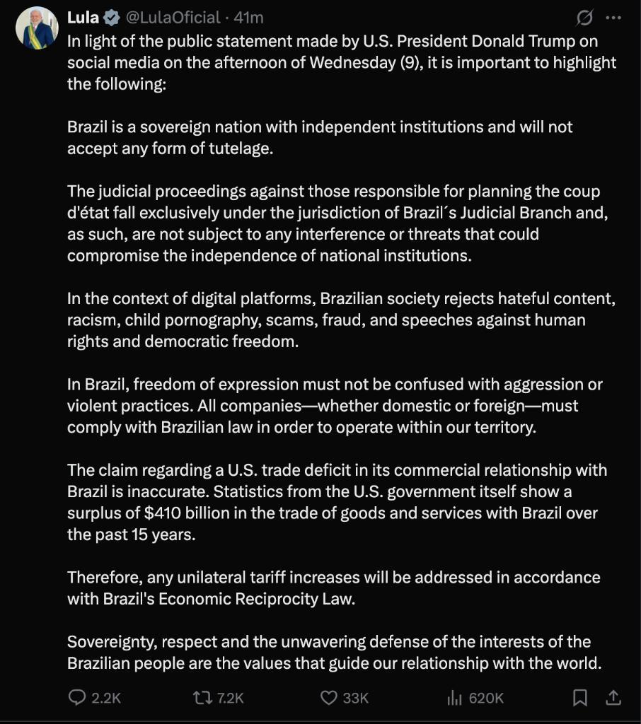 巴西总统卢拉：美国关税措
