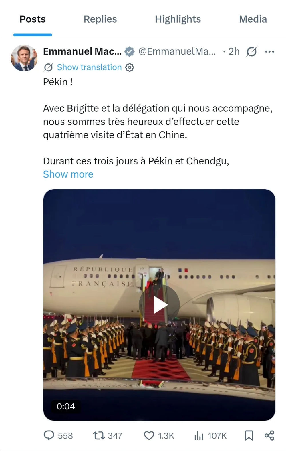 抵达北京后，马克龙总统表示非常高兴。