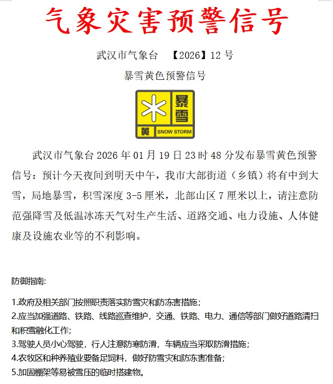 武汉市寒潮、大风、道路结冰、暴雪预警信号均在生效中