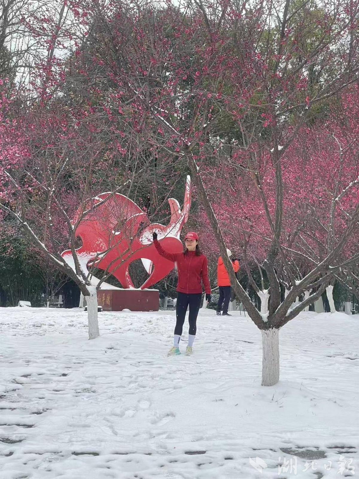 清早，市民前往武汉江滩踏雪寻梅
