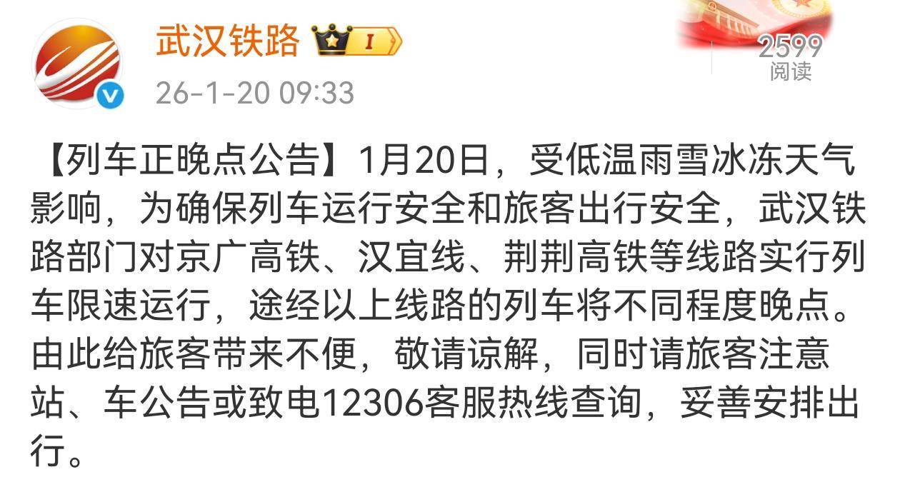 受雨雪天气影响，京广高铁、汉宜线、荆荆高铁等线路实行列车限速运行