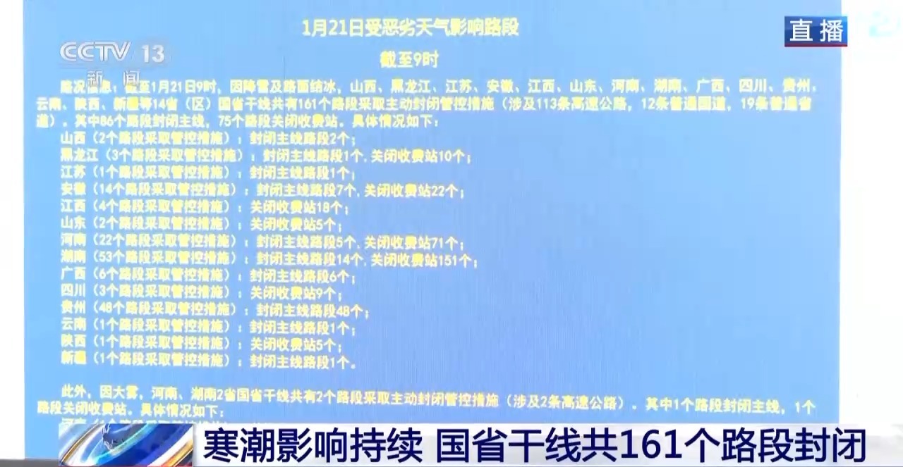 视频丨寒潮影响持续 国省干线共161个路段封闭