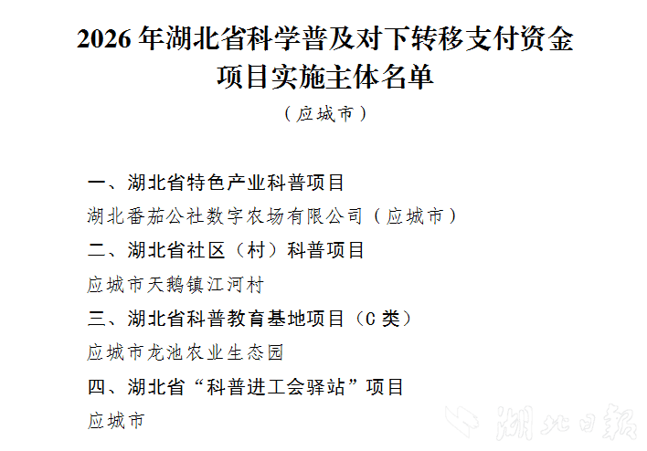 湖北省科普项目名单公示 应城+4