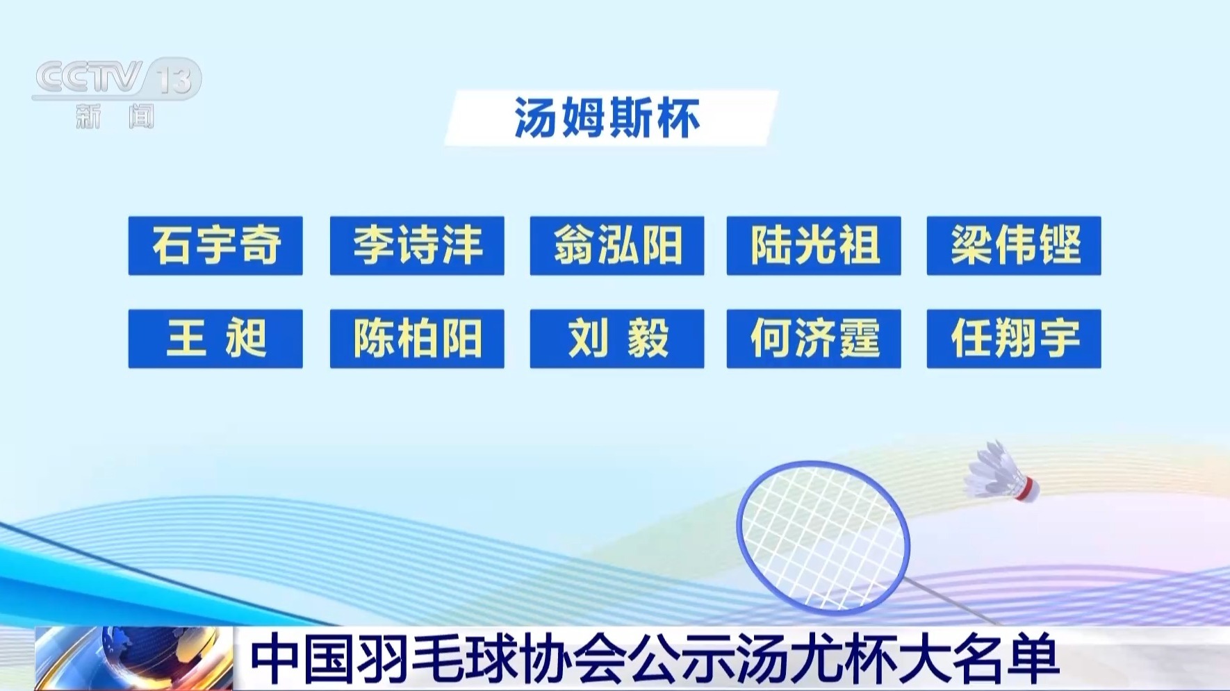  中国羽毛球协会公示汤尤杯大名单 男女各10人