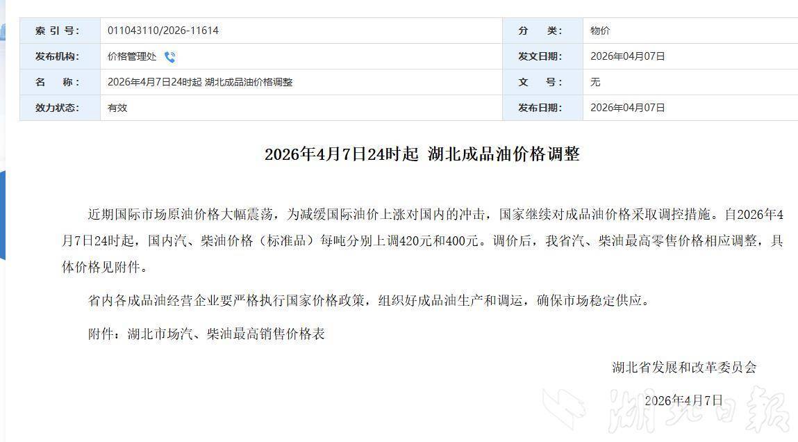 湖北新一轮油价调整确定