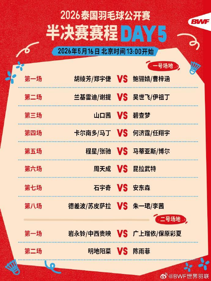 下午一点开打！2026年泰国羽毛球公开赛半决赛赛程公布