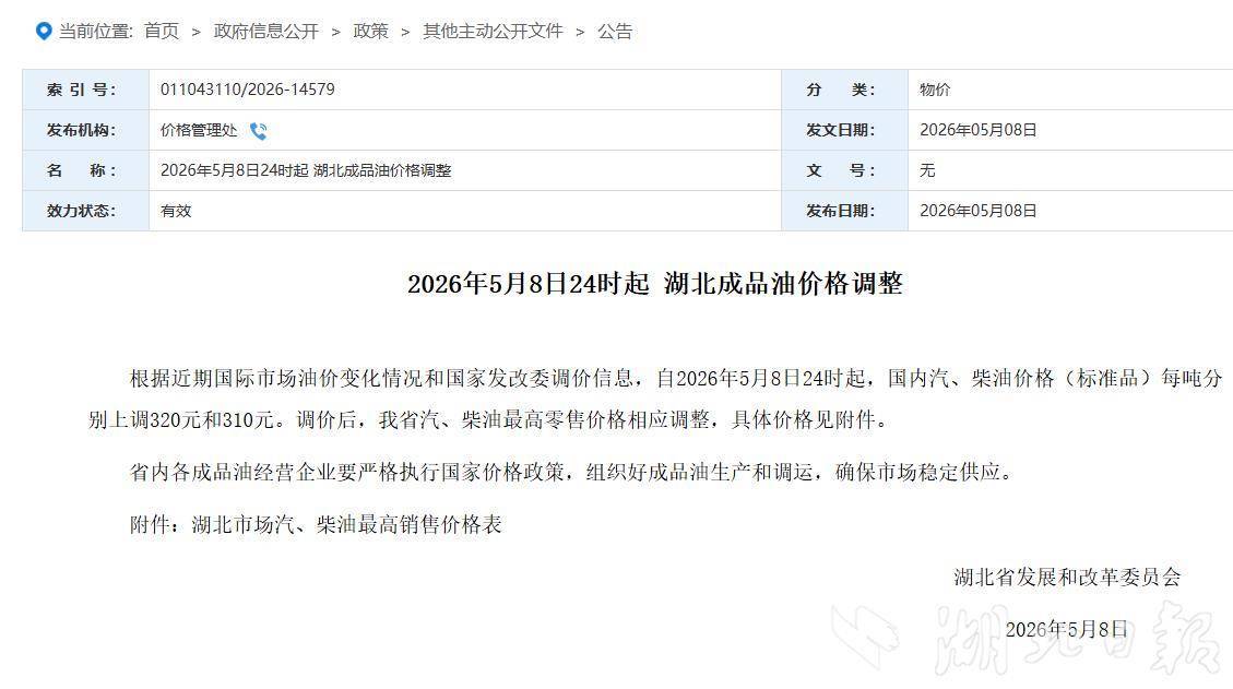 湖北油价定了，92号每升8.73元
