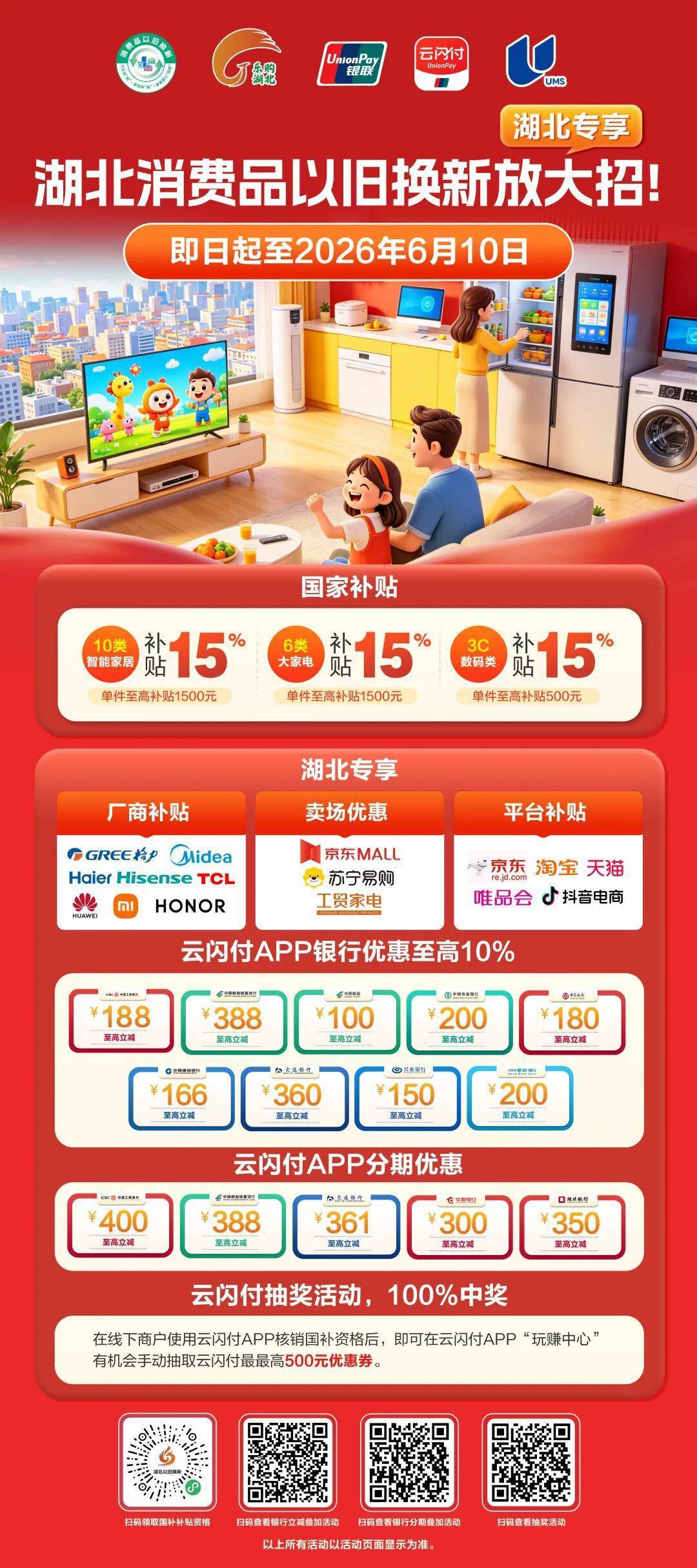 乐购湖北 三好节｜最高抽500元，100%中奖！湖北消费品以旧换新“放大招”