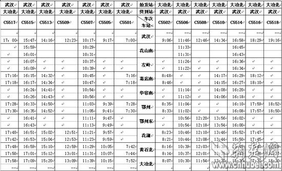 武汉至黄石城际铁路时刻表