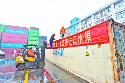 武汉阳逻港迎首批16吨进口水果 妈妈团抢得