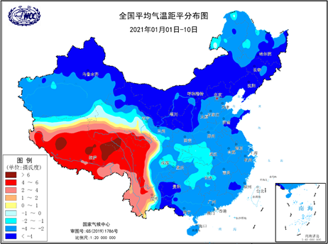 2021年1月上旬全國平均氣溫距平分佈 來源:國家氣候中心