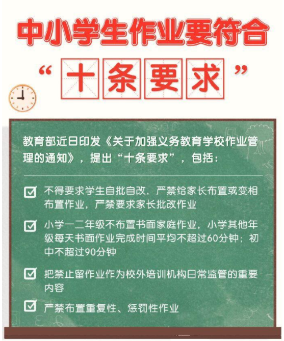 教育部出台十条中小学生作业减负令  初中每天作业平均不超90分钟