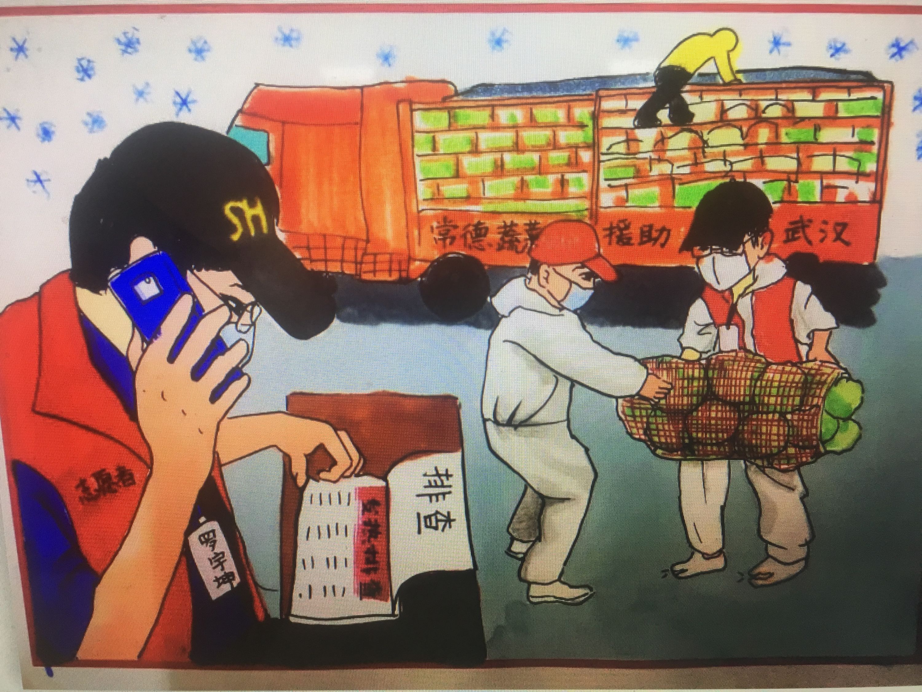 社区群干用漫画创作党员为民服务图 建立志愿队教老人和小孩一起画