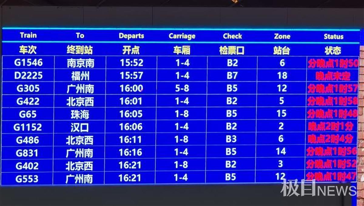 途径武汉地区京广线,京广高铁不同程度晚点,目前正陆续恢复列车开行