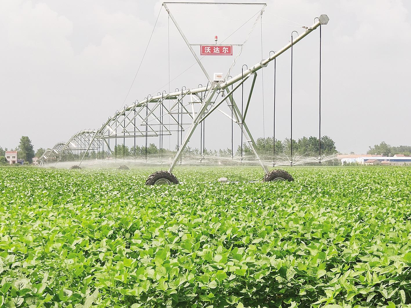 天门拖市镇何场村的指针式喷灌圈,转一圈能灌溉400亩农田.