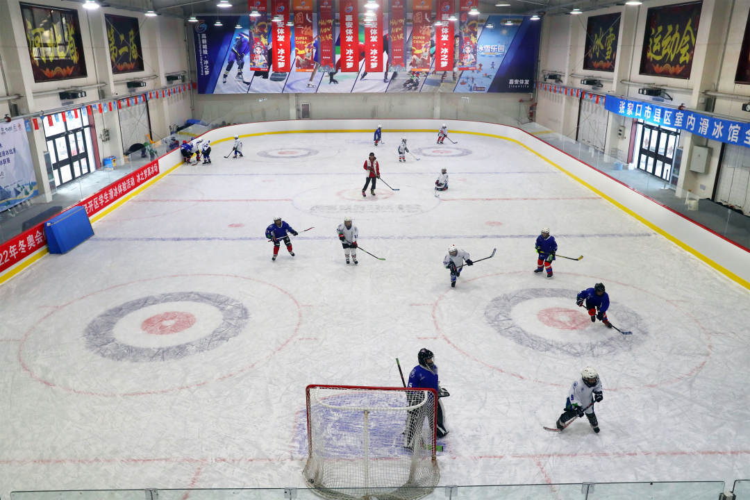 冰球社团的小将们在张家口市"冰之梦"滑冰场进行每周例行的训练和比赛
