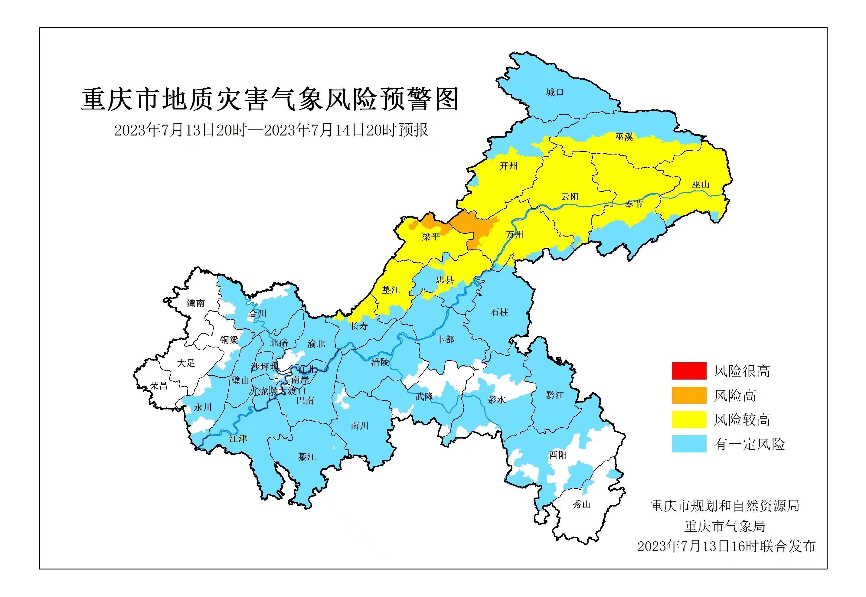 梁平区属于风险高地区,地质灾害气象风险等级为Ⅱ级(橙色预警),云阳县