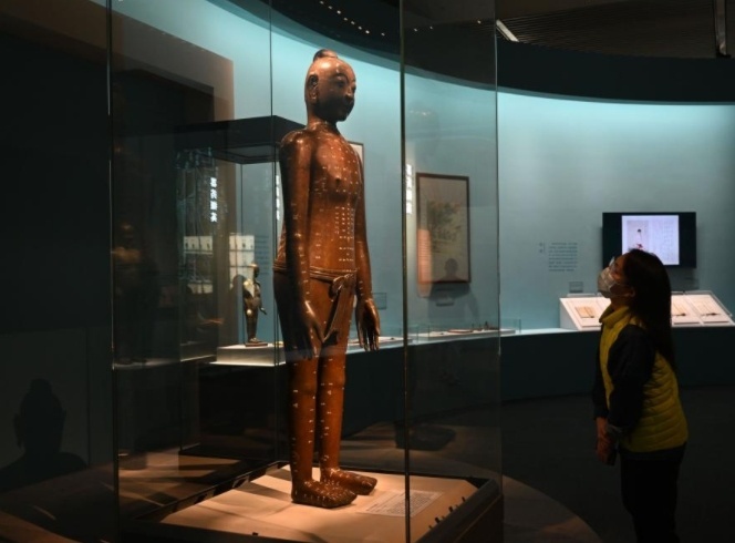 国家博物馆举办中医药文化展,观众参观明仿宋针灸铜人.